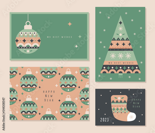Winter Christmas tree toys balls pattern cards, postcards, poster