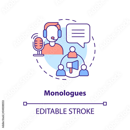 Monologues concept icon. Live streaming. Online streamer. Popular podcast types abstract idea thin line illustration. Isolated outline drawing. Editable stroke. Arial, Myriad Pro-Bold fonts used