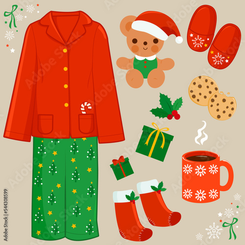 Christmas morning collection with pajamas, hot cocoa and gifts. Vector illustration