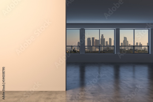 Downtown Los Angeles City Skyline Buildings from High Rise Window. Beautiful Expensive Real Estate overlooking. Empty room Interior. Mockup wall. Skyscrapers. Sunset. California. 3d rendering.