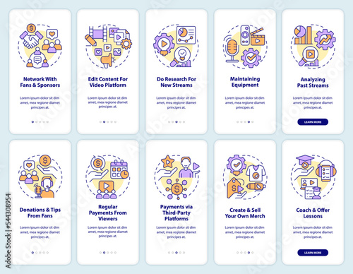 Professional live streaming career onboarding mobile app screen set. Walkthrough 5 steps editable graphic instructions with linear concepts. UI, UX, GUI template. Myriad Pro-Bold, Regular fonts used