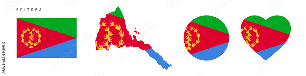 Eritrea flag icon set. Eritrean pennant in official colors and proportions. Rectangular, map-shaped, circle and heart-shaped. Flat vector illustration isolated on white. Eritrea flag icon set. Eritrean pennant in official colors and proportions. Rectangular, map-shaped, circle and heart-shaped. Flat vector illustration isolated on white.