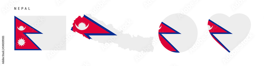 Obraz premium Nepal flag icon set. Nepali pennant in official colors and proportions. Rectangular, map-shaped, circle and heart-shaped. Flat vector illustration isolated on white.
