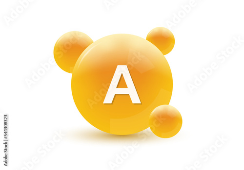 Vitamin A 3d icon. Circle drop, capsule or pill isolated on white background. Molecule bubbles design. Vector illustration.