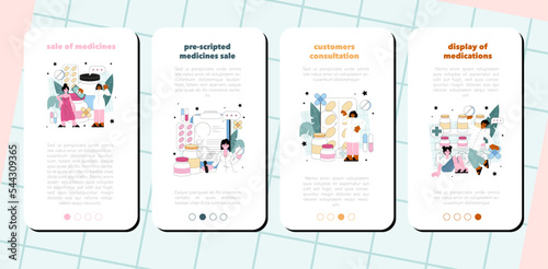 Pharmacy mobile application banner set. Pharmacist preparing