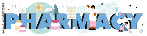 Pharmacy typographic header. Pharmacist preparing and selling