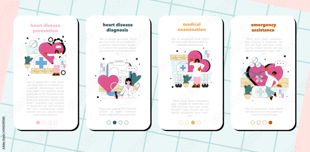 Cardiologist mobile application banner set. Idea of heart medical