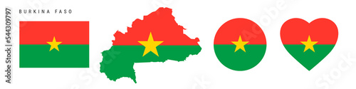 Burkina Faso flag icon set. Upper Volta pennant in official colors and proportions. Rectangular, map-shaped, circle and heart-shaped. Flat vector illustration isolated on white.