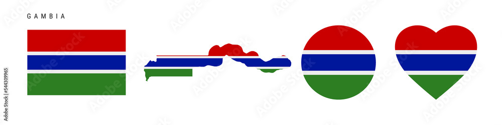 Gambia flag icon set. Gambian pennant in official colors and proportions. Rectangular, map-shaped, circle and heart-shaped. Flat vector illustration isolated on white. Gambia flag icon set. Gambian pennant in official colors and proportions. Rectangular, map-shaped, circle and heart-shaped. Flat vector illustration isolated on white.