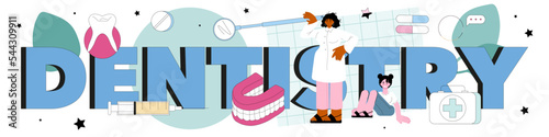 Dentistry typographic header. Dental doctor in uniform treating