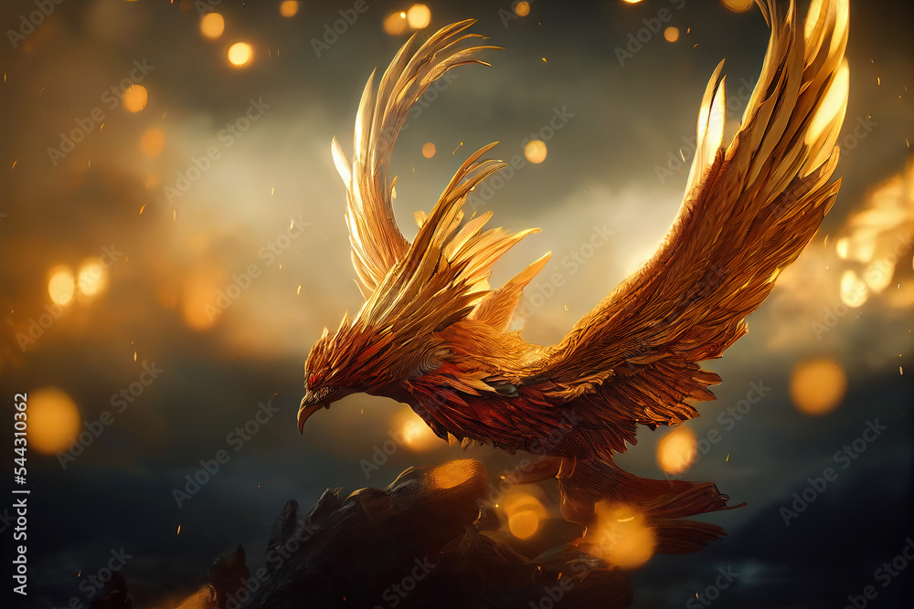 Mythological greek Phoenix bird with fiery wings arising and taking flight Rebirth from ashes of