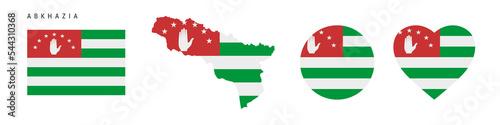 Abkhazia flag icon set. Abkhazian pennant in official colors and proportions. Rectangular, map-shaped, circle and heart-shaped. Flat vector illustration isolated on white.