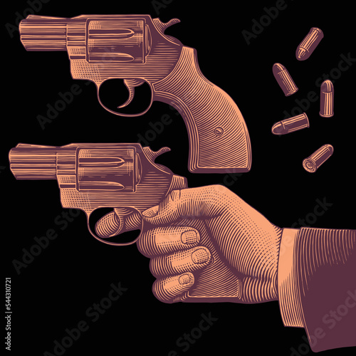 Hand with a revolver. Design set. Editable hand drawn illustration. Vector vintage engraving. Isolated on black background. 8 eps