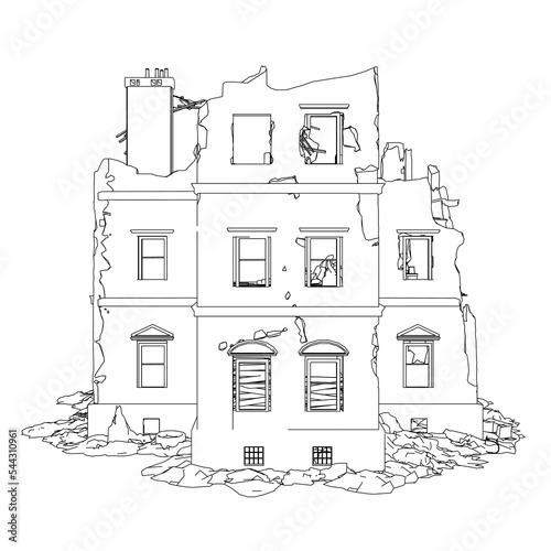 The outline of the destroyed building from black lines isolated on a white background. Front view. 3D. Vector illustration.