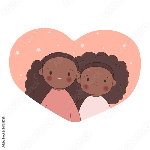 Kawaii African American girls. Cute little sisters in heart. design. Stock vector illustration isolated on white background.