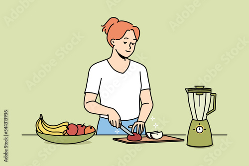 Happy young woman chopping fruits for smoothie. Smiling girl cut fresh fruit in kitchen follow healthy lifestyle. Vector illustration. 