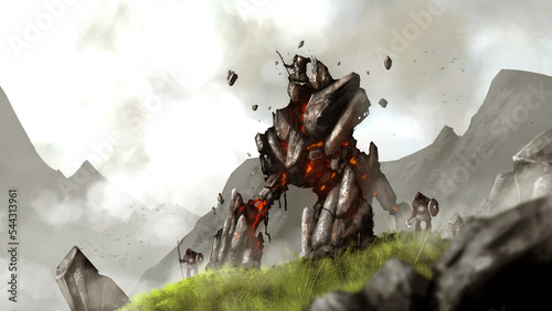 Stone golem subordinated by a wizard surrounded by mountains in the fog. 2d illustration. photo