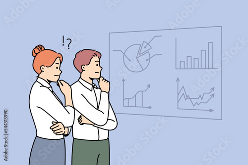 Pensive businesspeople look at board brainstorming on financial ideas. Thoughtful employees cooperate together engaged in team thinking. Teamwork. Vector illustration. 