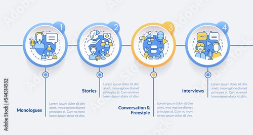 Common podcast genres circle infographic template. Digital entertainment. Data visualization with 4 steps. Editable timeline info chart. Workflow layout with line icons. Lato-Bold, Regular fonts used
