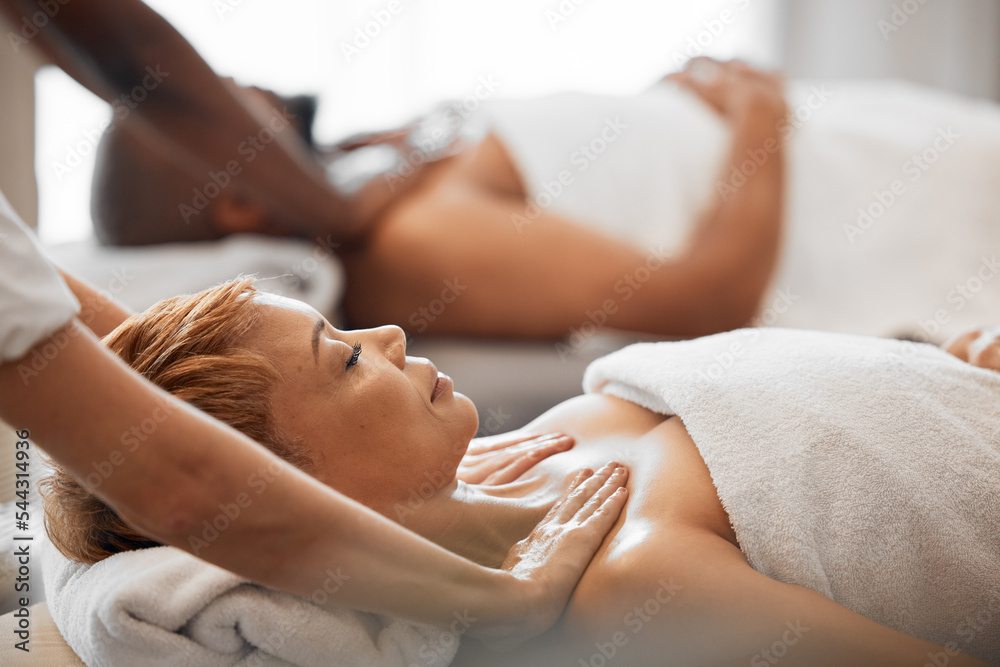 Massage, relax and couple at a spa for luxury skincare, wellness and therapy for body. Stress relief, health and man and woman with hands from hotel employees for a relaxation treatment at a salon Massage, relax and couple at a spa for luxury skincare, wellness and therapy for body. Stress relief, health and man and woman with hands from hotel employees for a relaxation treatment at a salon