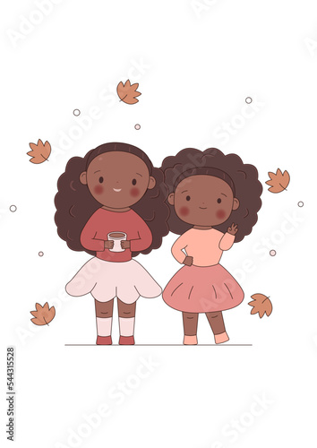 Kawaii African American girls hugging. Cute little sisters with flowers. design. Stock vector illustration isolated on white background.