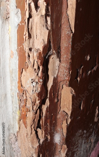 detail of old wooden window sill with cracked peeling paint an durt, needs renovation an repaired, replace close-up