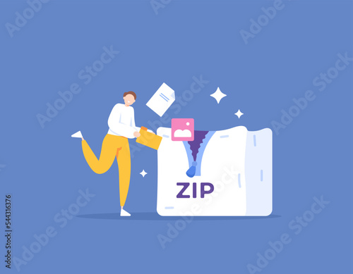 compressed files. data compression. people make multiple files into one file. create zip files. document management. illustration concept design