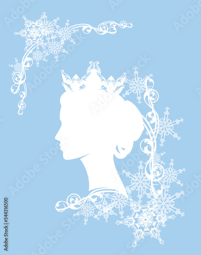 blue and white vector silhouette portrait of fairy tale queen or princess wearing royal crown and winter snow flakes decor set