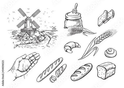 Vector hand drawn bakery illustration collection. Windmill, sack of crain, bread, basket, flour, wheat. Ink style vector