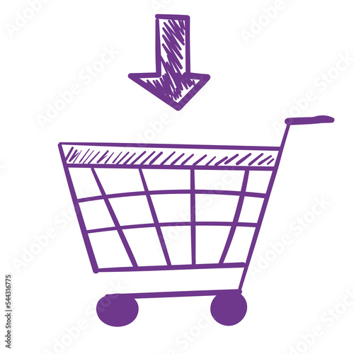 Doodle purple cart. Shopping online lineart on white background.