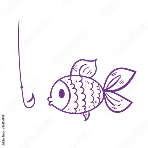 Doodle fish with hook. Purple lineart on white background.
