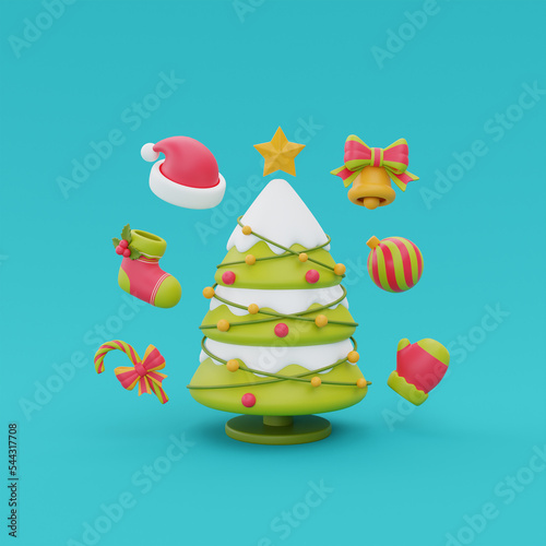 Pine tree with christmas ornament and Gingerbread. Merry Christmas and Happy New Year. 3d rendering.
