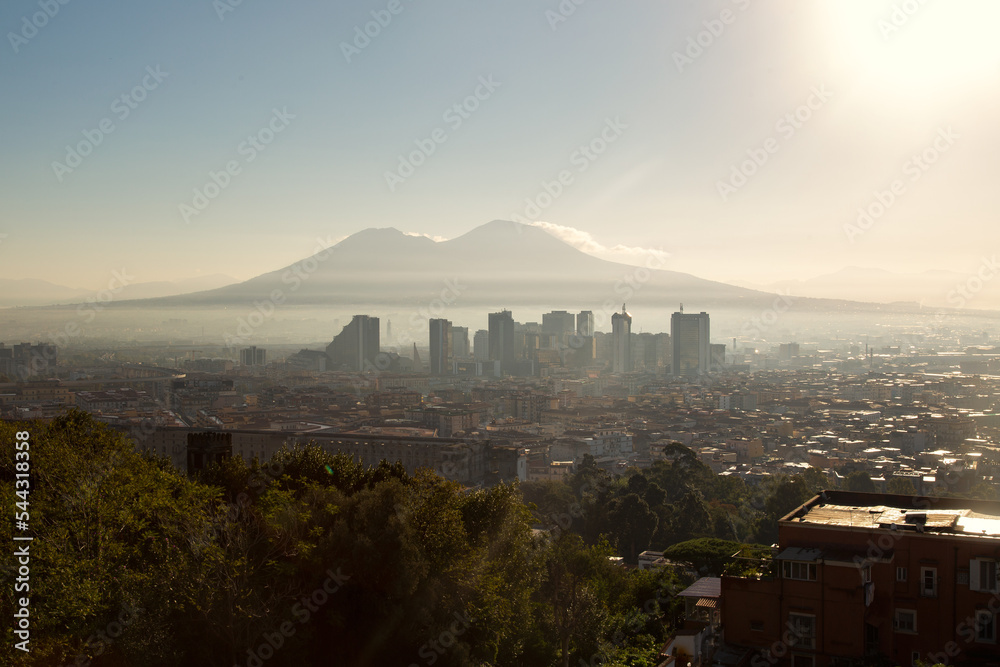 Sunrise in the Italian city of Naples. The city is waking up. Panoramic view of the city of Naples Italy