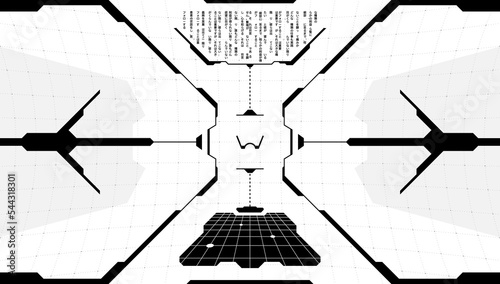 VR HUD virtual technology head up display target. Digital futuristic interface cyberpunk hi tech visor screen. FUI GUI UI black and white spaceship cockpit dashboard panel with program code. Vector
