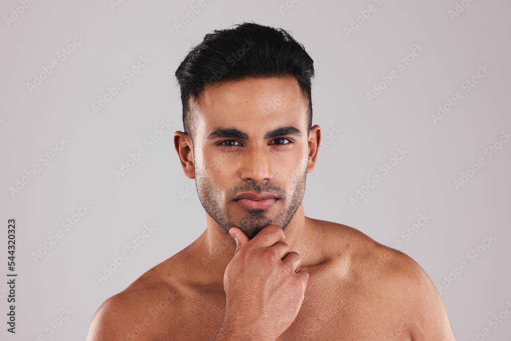 Beauty, man skincare and skin wellness of a model from Spain with a serious face. Portrait of a young person ready for healthy, cosmetic and dermatology body care or facial treatment feeling calm Beauty, man skincare and skin wellness of a model from Spain with a serious face. Portrait of a young person ready for healthy, cosmetic and dermatology body care or facial treatment feeling calm