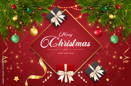 Christmas banner, Xmas sparkling lights garland with gifts box
