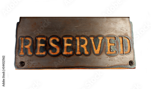 Plate of reservation of table isolated on white background in vintage style. Booking label isolated on white background. Reserved logo. Booking sign. Metal tag with booking logo.