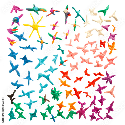 Beautiful sky made from plasticine -clay, sun and colorful stars placed on white background.Children's work of colorful clay as background.