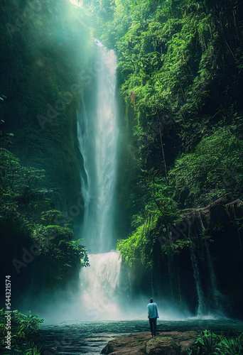 man standing front of a waterfall, lush tropical rainforest environment, misty foliage