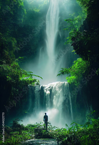 man standing front of a waterfall, lush tropical rainforest environment, misty foliage