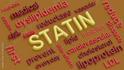 Statin and terms 3d  word cloud illustration. Abstract illustration about statins. photo