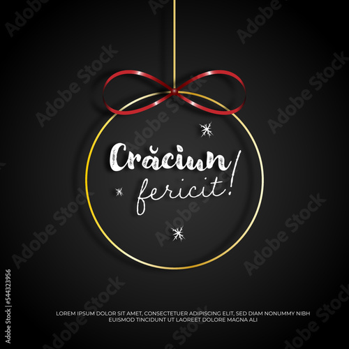 Background with golden toy for the Christmas tree. Merry Christmas in romanian-Crăciun fericit in limba romana.  photo