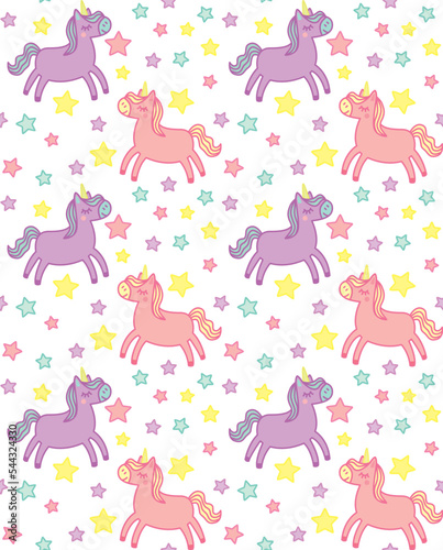 Cute seamless trendy pattern with light pink and purple unicorns. Vector background