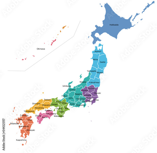 地方で色分けされた日本地図、英語の県名