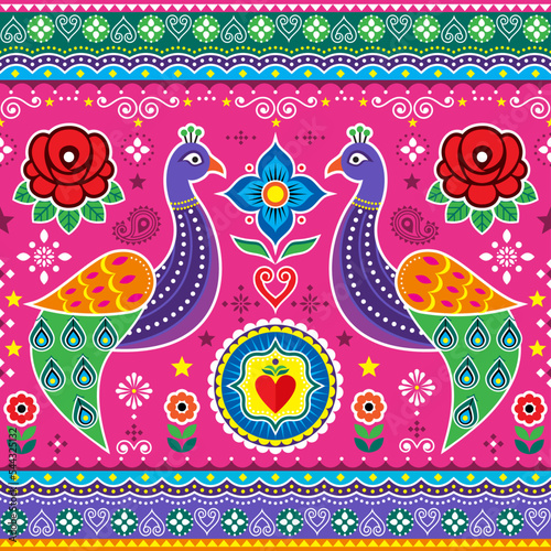 Pakistani and Indian truck art seamless vector design with peacocks, hearts and roses, decorative bird floral vibrant pattern

