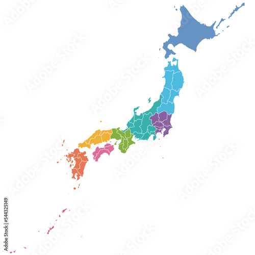 地方で色分けされた日本地図、カラフル