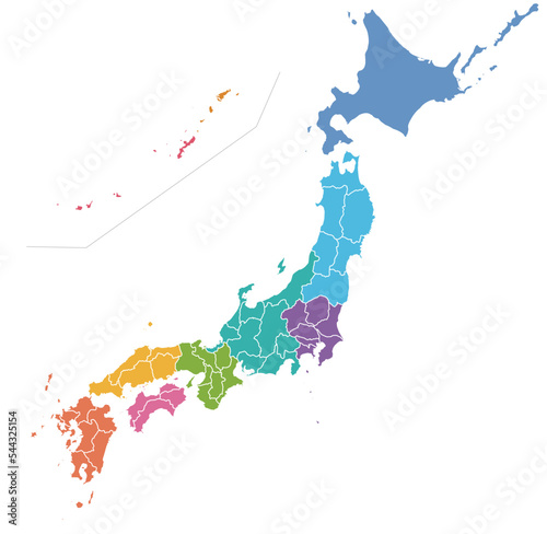 地方で色分けされた日本地図、カラフル