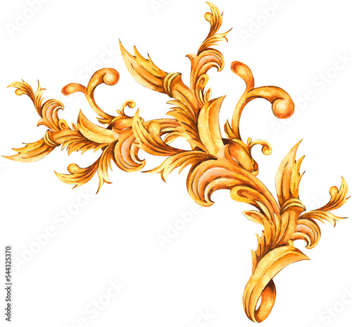 Watercolor golden baroque floral curl, rococo ornament element