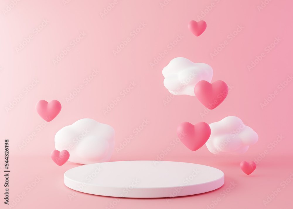 Pink podium with hearts and clouds flying in the air. Valentine's Day, Mother's Day, Wedding. Podium for product, cosmetic presentation. Mock up. Pedestal or platform for beauty products. 3D render. - obrazy, fototapety, plakaty 