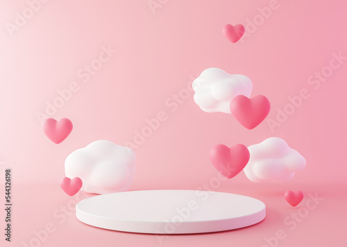 Pink podium with hearts and clouds flying in the air. Valentine's Day, Mother's Day, Wedding. Podium for product, cosmetic presentation. Mock up. Pedestal or platform for beauty products. 3D render.